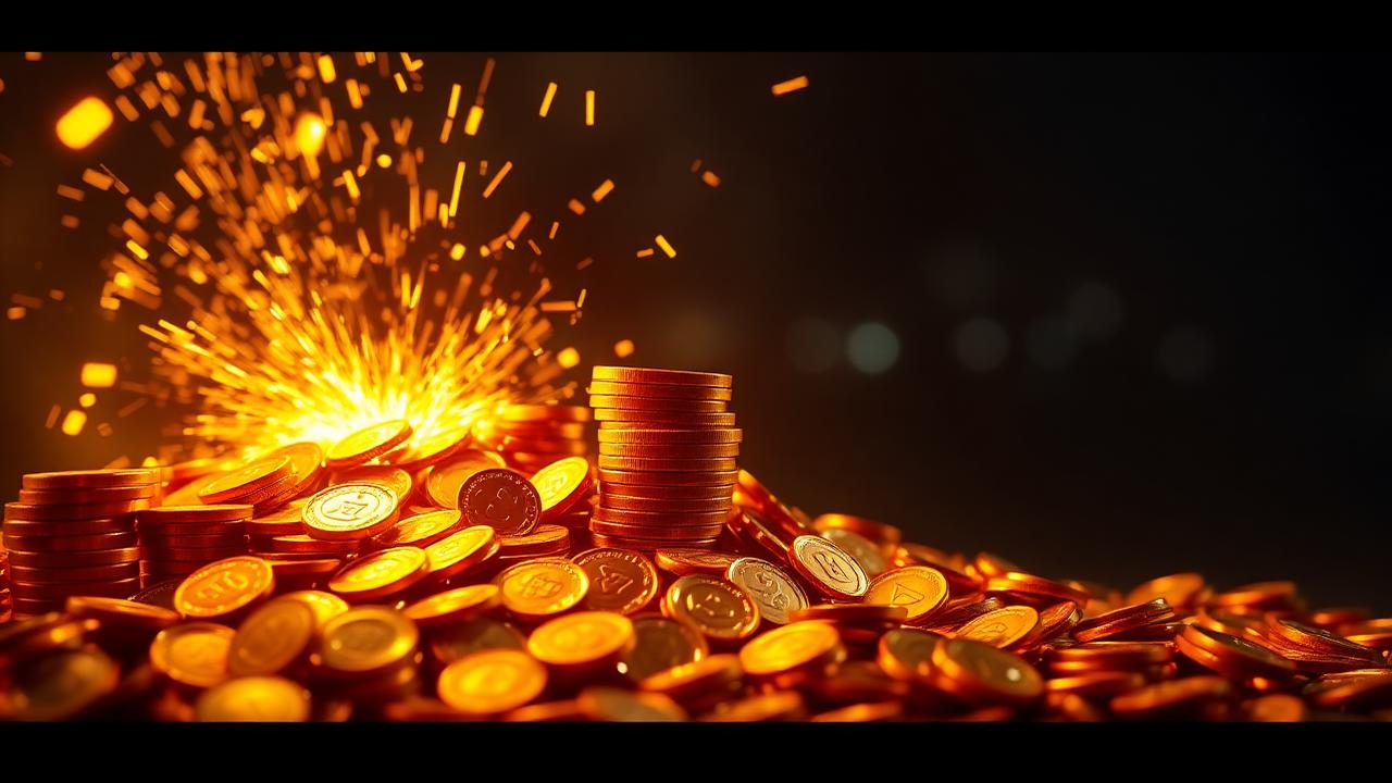 Pile of golden coins and chips with sparks