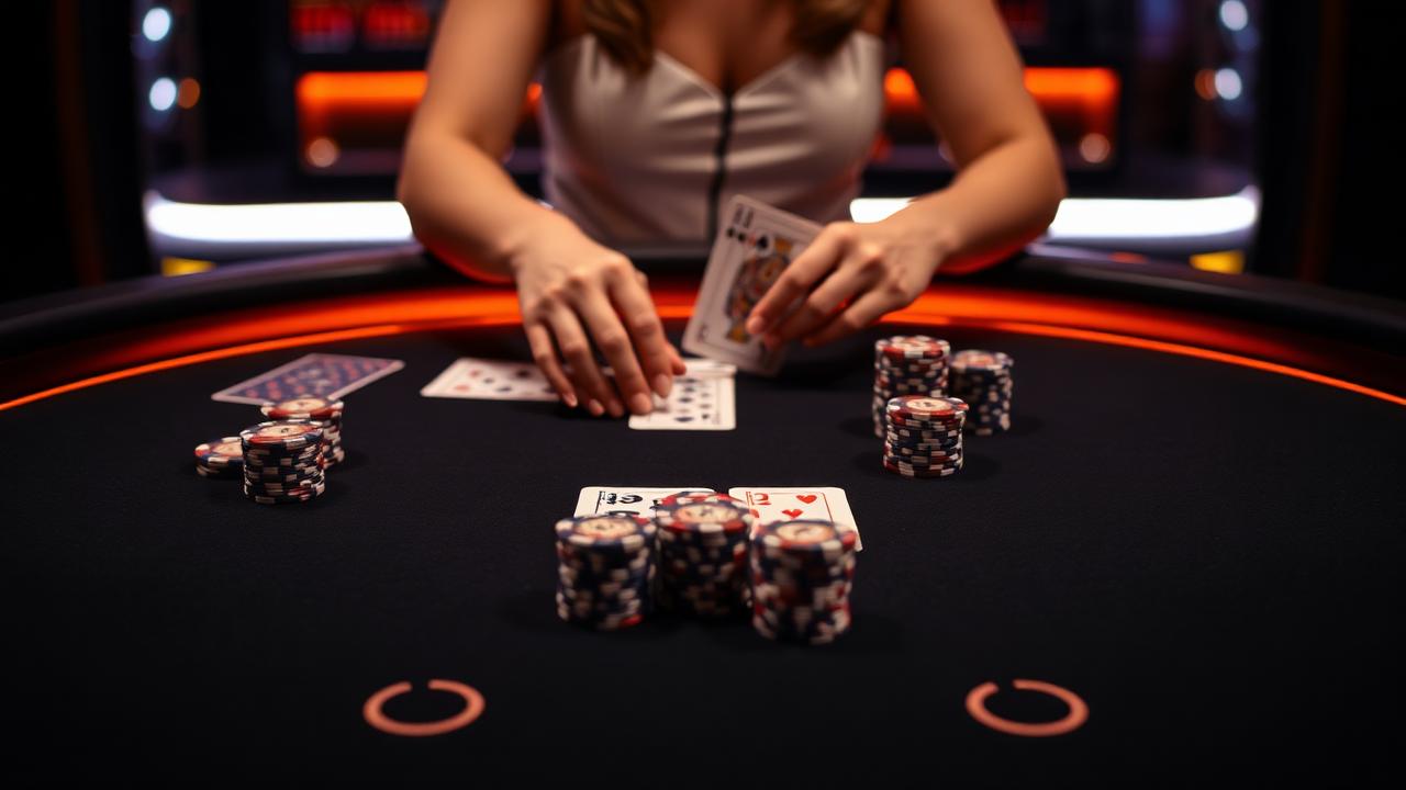 Live dealer reaching across a blackjack table with cards and chips