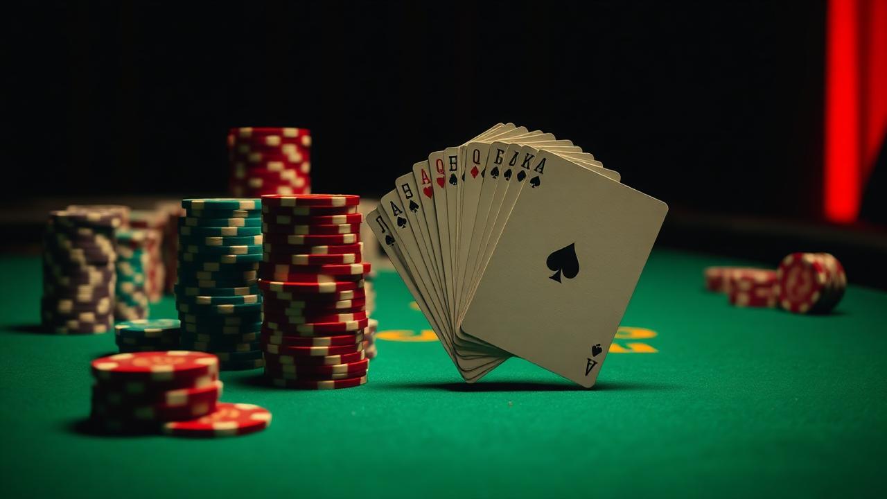 Live poker table with stacked chips and a fanned hand