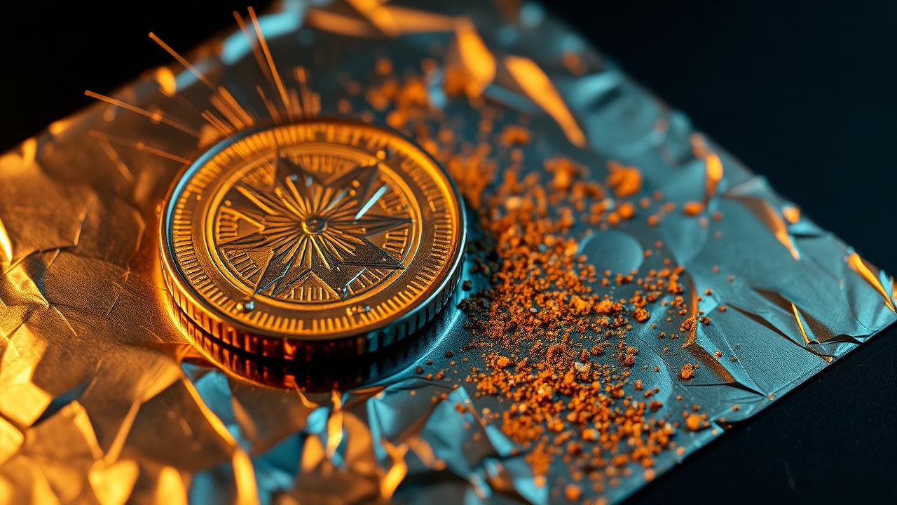 Golden coin scratching a metallic foil panel with orange dust