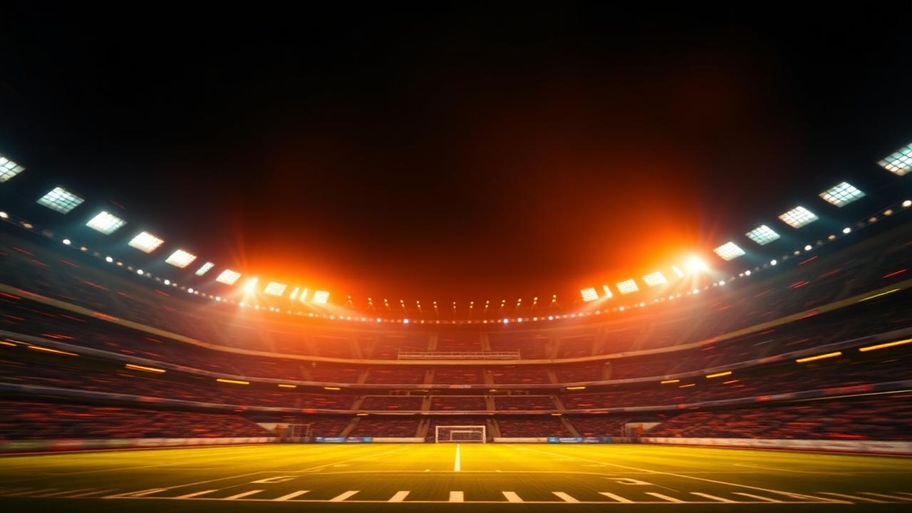 Brightly lit stadium with floodlights and bold orange glow